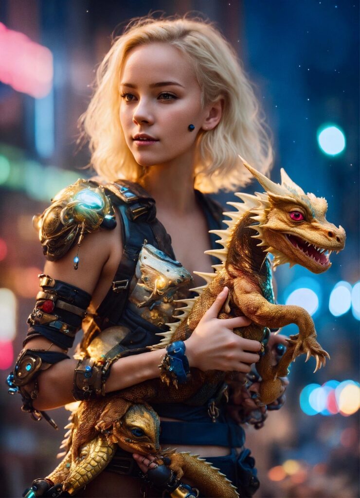ai generated, girl, dragon, golden, city