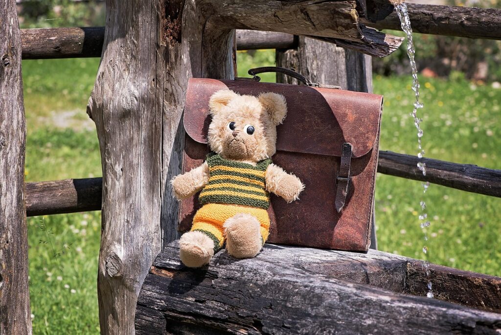 teddy, teddy bear, old, second hand, schoolbag, leather bag, fountain, wooden fountain, nature, outdoors, races, little bear, cuddly toy