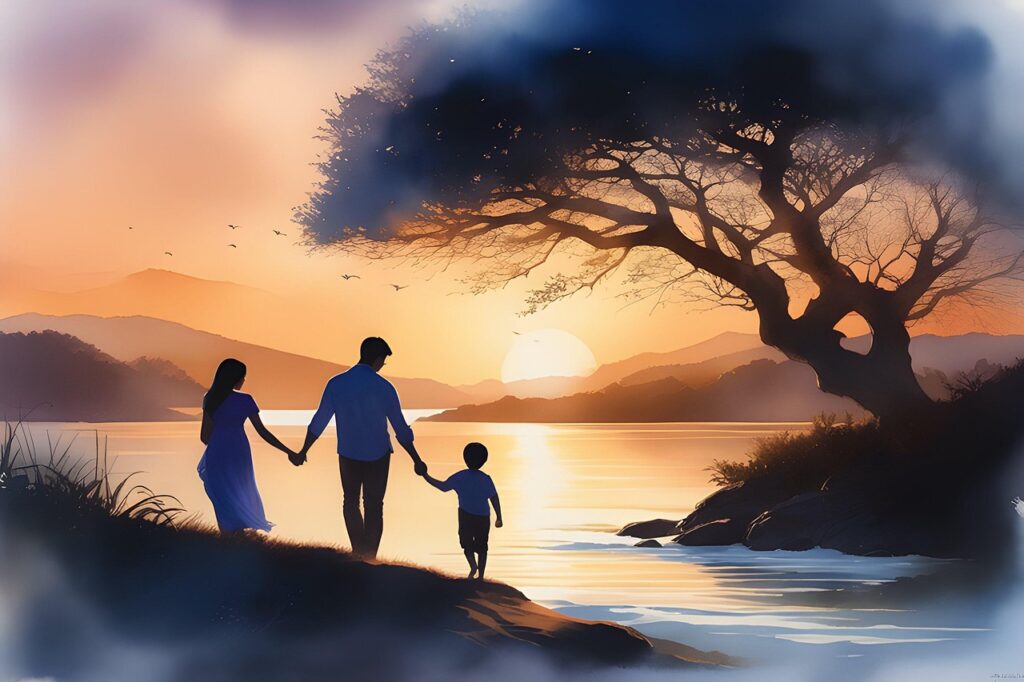 ai generated, parenthood, parenting, lake, sunset, family, motherhood, fatherhood, nature, new parents, childcare, raising kids, family time, parenting journey, parenting goals, parenting community
