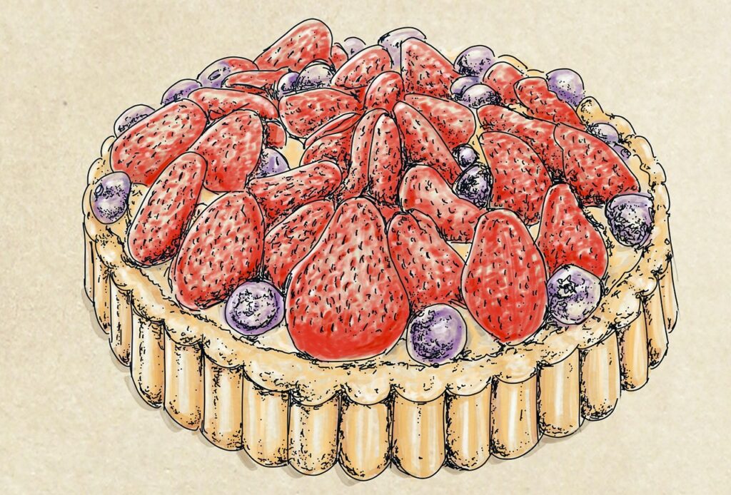 cake, strawberries, fruits, pie, nutrition, tasty, cream, vitamins, sweet, drawing, artwork, sketch