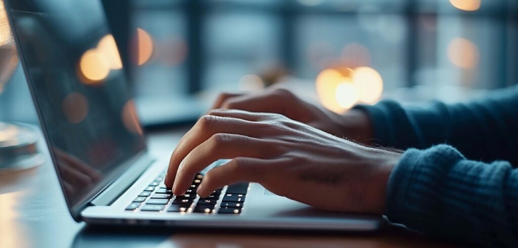 ai generated, man, computer, laptop, technology, typing, work, business, internet, office, keyboard, job, male, notebook, communication, wireless, using, workplace, information, network, hand, businessman, home