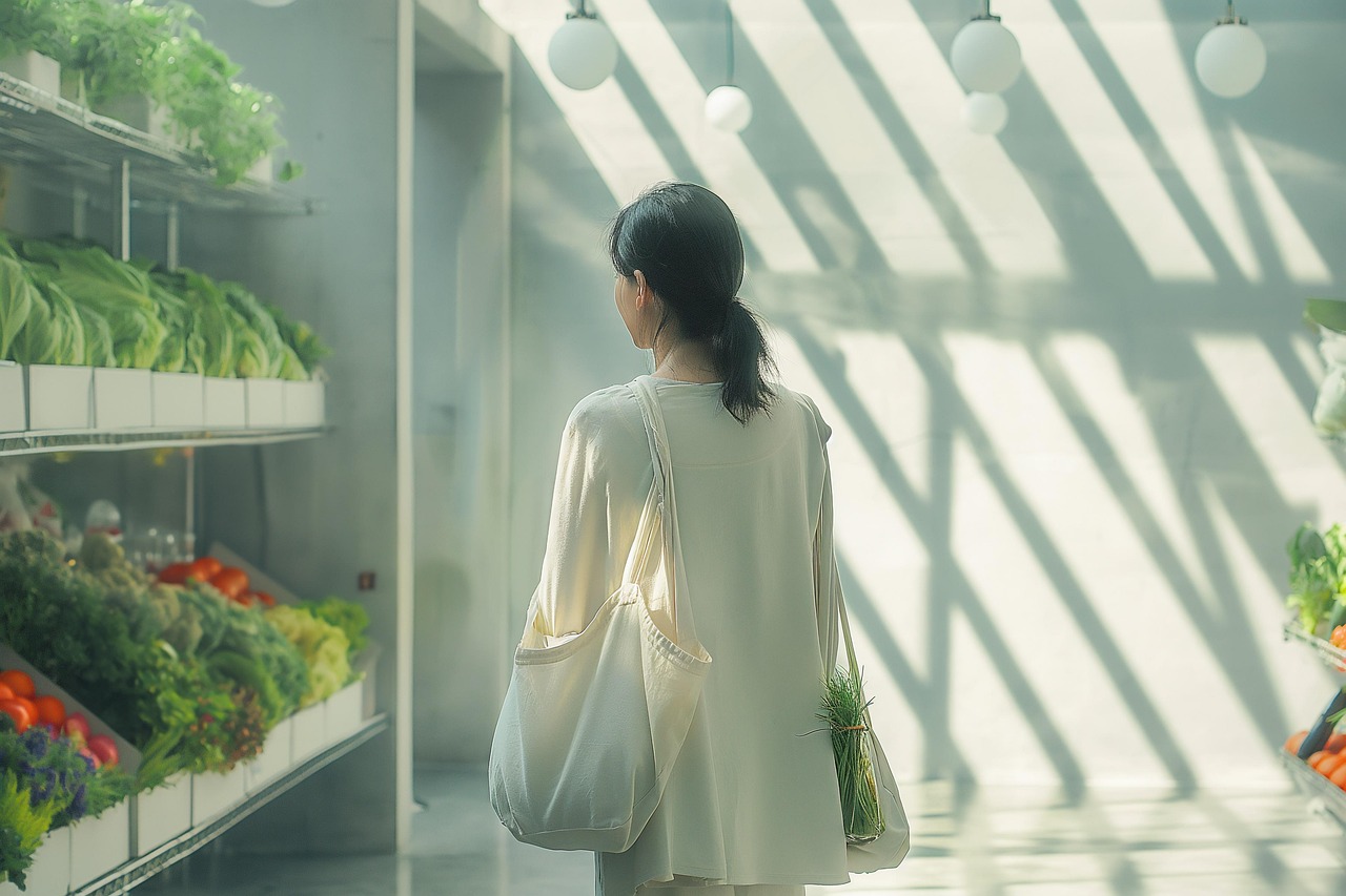 ai generated, supermarket, grocery, store, shopping, reusable bag, consumer, woman