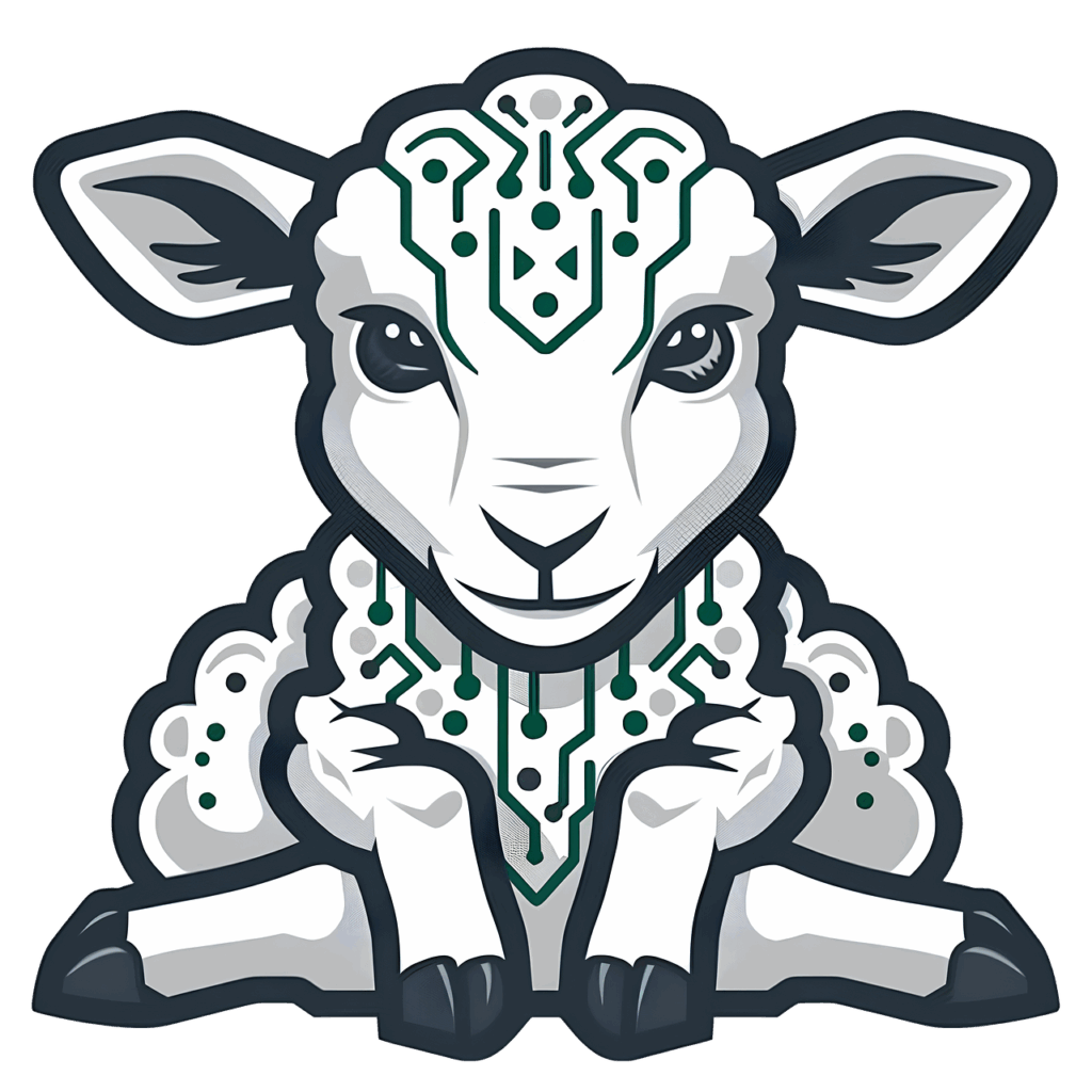 spring, robot, lamb, sheep, digital, computer, tech, technology, animal, baby animal, digital sheep, clone, copy, cloning, logo, cartoon, pure, purity, clean, nature, natural, white, safe, good