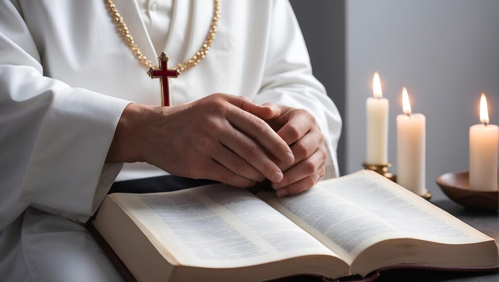 ai generated, priest, bible, church, new testament, old testament, reading, devotion, religion, faith, pentecost, cross, chain, pray, prayer