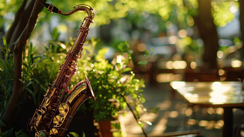 ai generated, saxophone, jazz bar, nature, music, spring, jazz music, jazz space, relaxing, cafe, live music, cozy atmosphere, urban