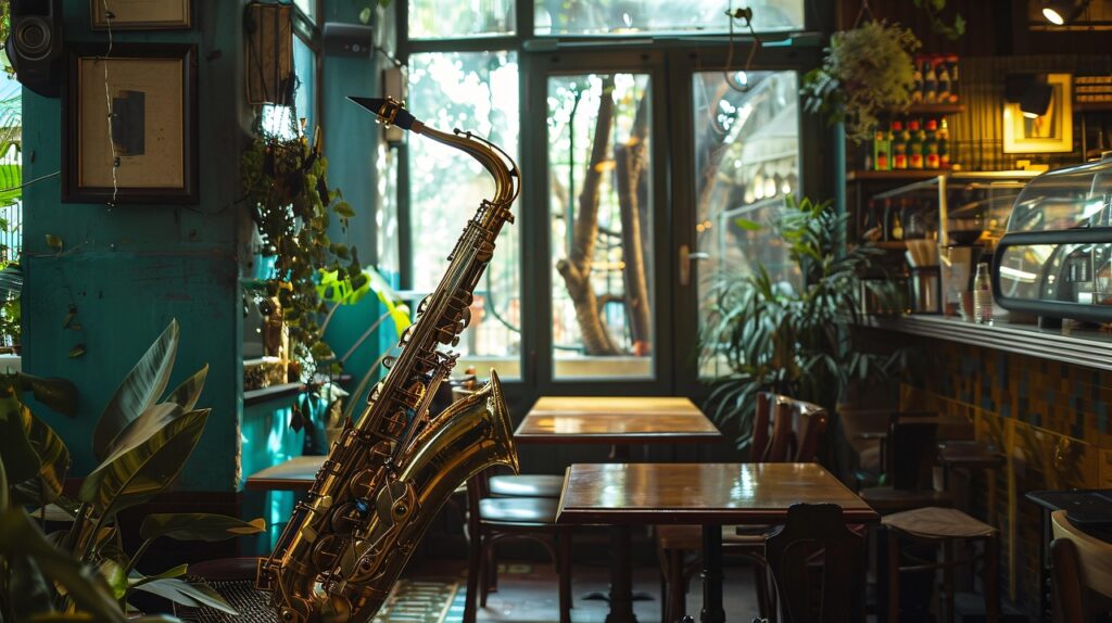 ai generated, saxophone, jazz bar, music, spring, jazz music, nature, jazz space, relaxing, cafe, live music, cozy atmosphere, urban