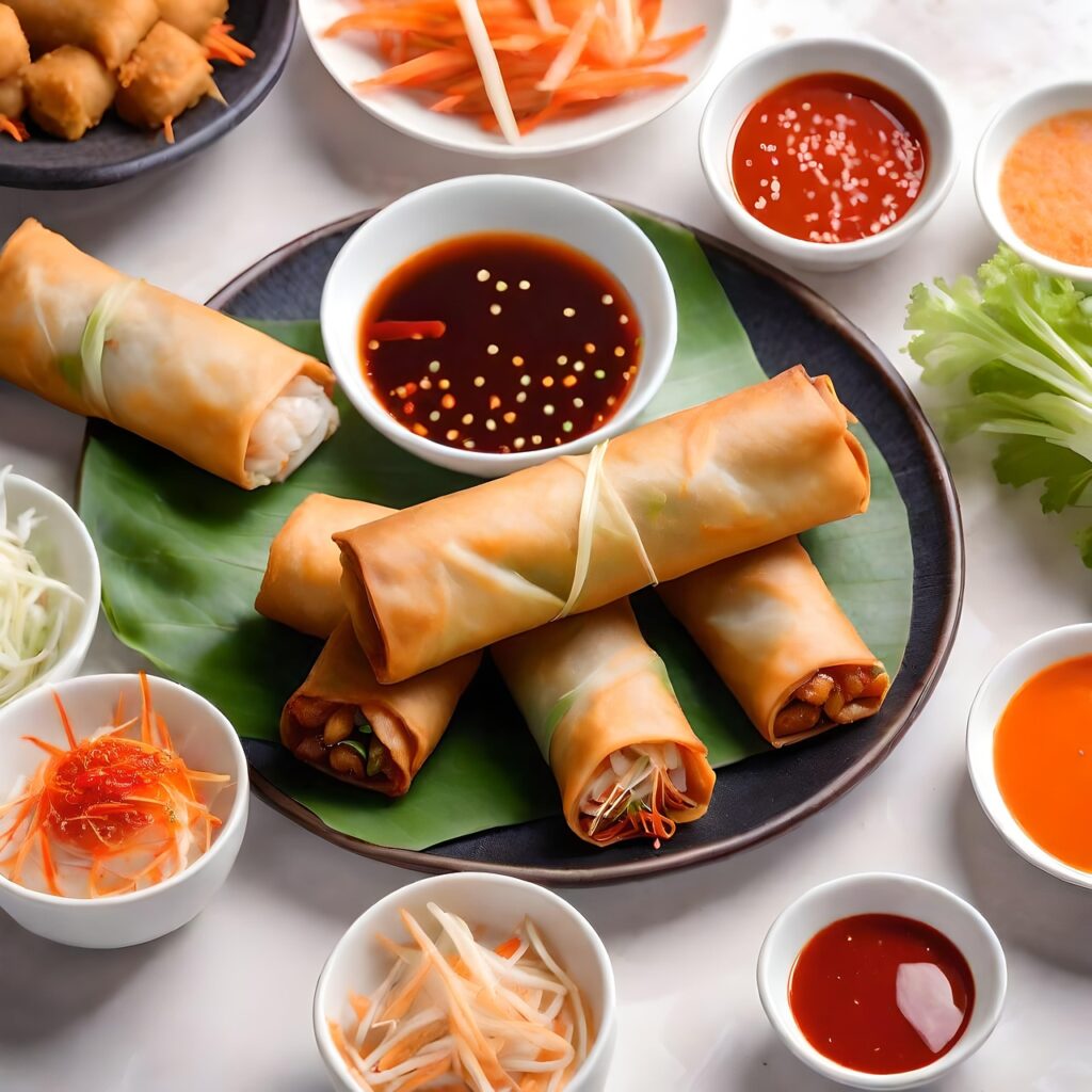 spring roll, asian cuisine, snack, lumpia, roll, food, asian, vietnamese, tasty, meal, wrap, ai generated