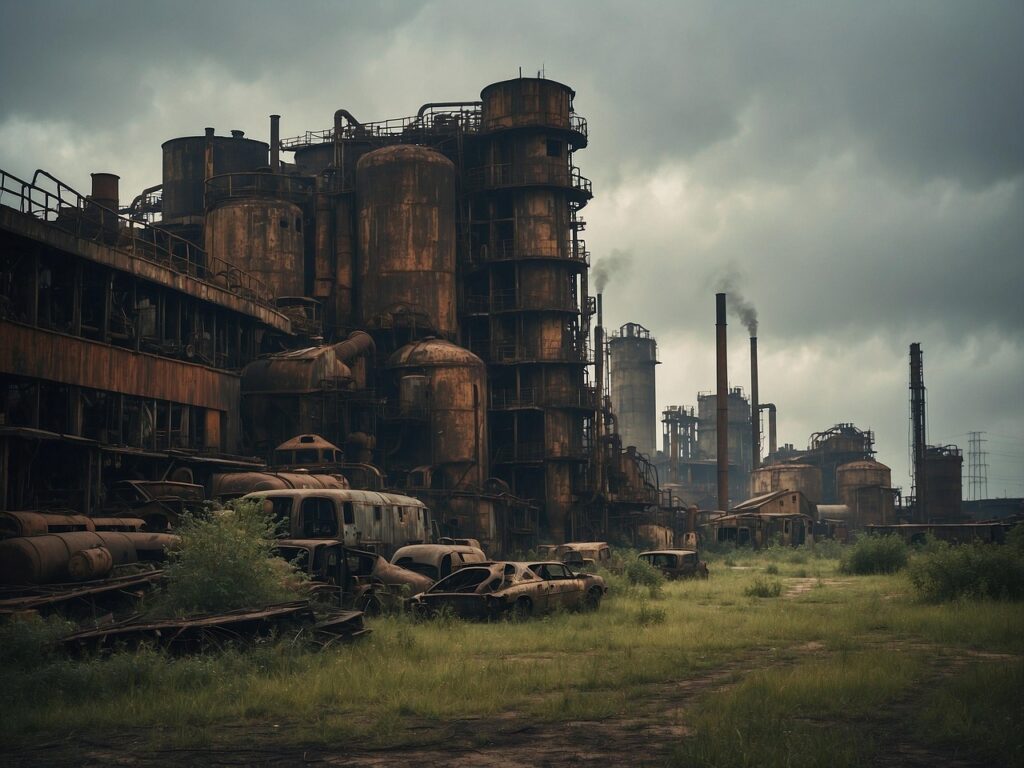 pollution, smoke, industry, environment, factory, garbage, trash, destruction, carbon, disaster, waste, disposal, ai generated
