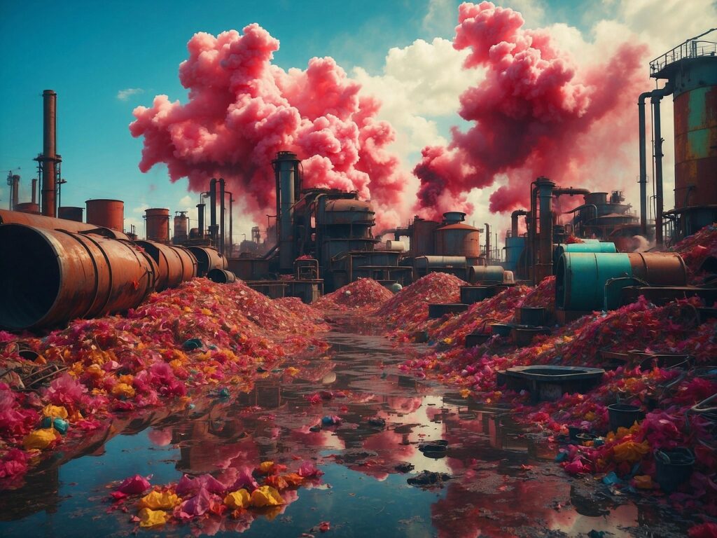 pollution, smoke, industry, environment, factory, garbage, trash, destruction, carbon, disaster, waste, disposal, ai generated