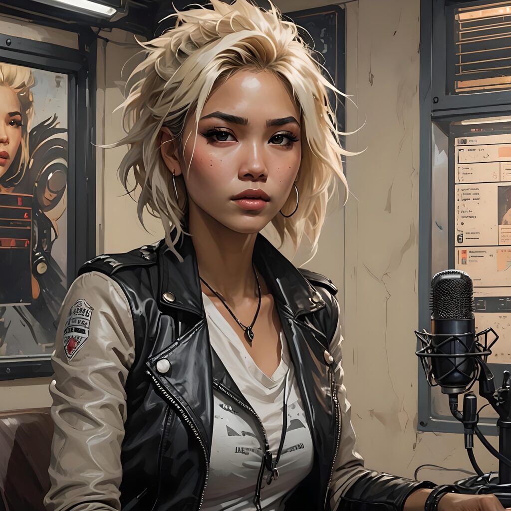 ai generated, woman, broadcast, singer, journalist, microphone, studio, character