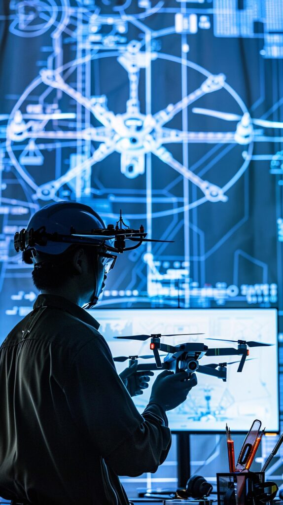 ai generated, engineer, technology, prototype, high-tech, workspace, drone design, engineering, innovation, tech equipment, development, research, advanced technology, drone engineering, blueprint, tech workspace, drone prototype, technical, tech, engineering process, tech setup, innovation lab, design, drone