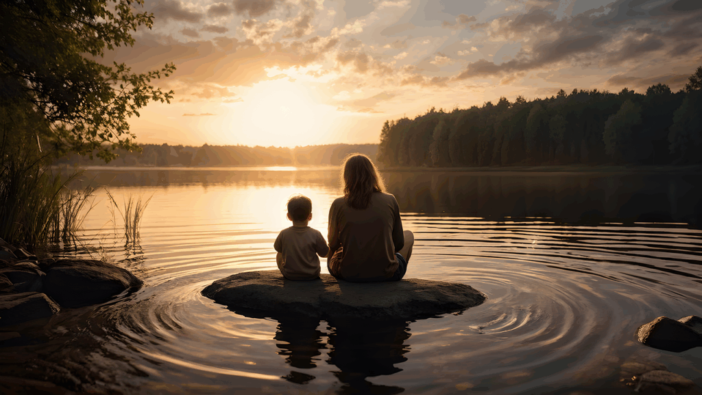 ai generated, lake, mindful parenting, sunset, mom, son, conscious parenting, attentive parenting, intentional parenting, nurturing parenting, family mindfulness, empathy, nature, mindful discipline, holistic parenting, parenting mindfulness, compassionate parenting