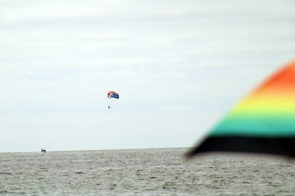 A person is parasailing over the ocean.