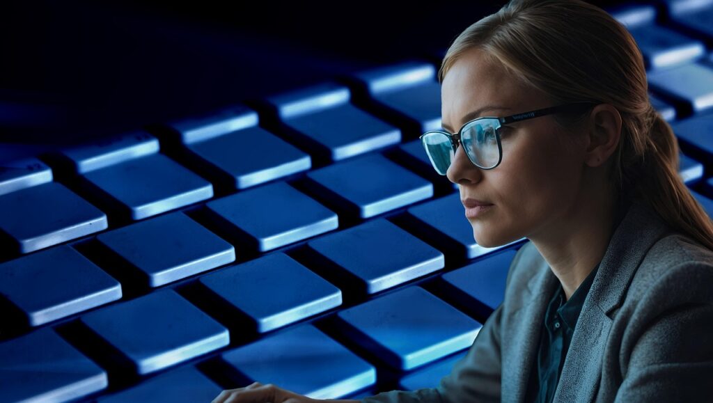 woman, programming, glasses, mirror, mirroring, programmer, www, computer, webdesign, computer scientist, creative, workplace, code, systems analyst, consultant, advisor, it-specialist, server, space, server room, hardware, data, to process, ai generated