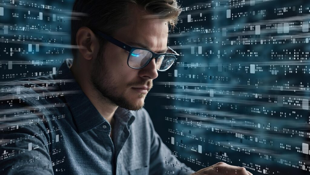 ai generated, programming, programmer, computer, computer scientist, workplace, code, systems analyst, consultant, advisor, it specialist, server, server room, hardware, data, man