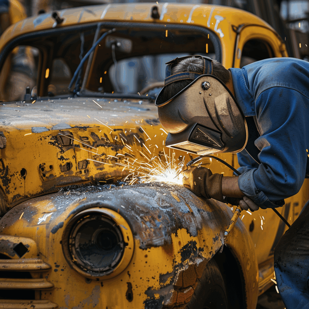 ai generated, welder, repair, repairing, technician, welding, car, fix, worker, service, repairman, tools, toolbox, workshop, helmet, working