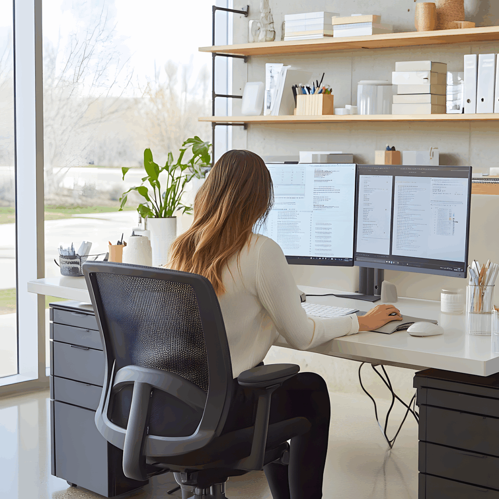 ai generated, woman, home, office, modern, workspace, ergonomic chair, clean design, natural light, organized desk, minimalist, productivity, professional setting, contemporary office, desk, computer, work, room, background