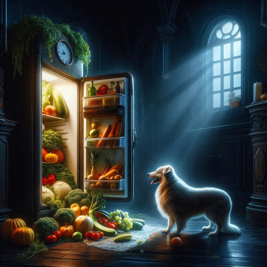 ai generated, dog, refrigerator, vegetables, fridge, food, healthy, organic, fresh, vegan, groceries, pet, canine, nature, animal