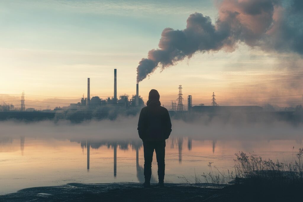 ai generated, air pollution, carbon emissions, pollution, environmental impact, environment, impact, sustainable, factory, industrial, emissions, landscape, smoke, climate, change, toxic, air, global, warming, sustainability, responsibility, standing, destruction, industry, carbon, conservation