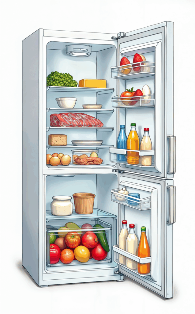 ai generated, fridge, refrigerator, food, storage, grocery store, cold, home appliance