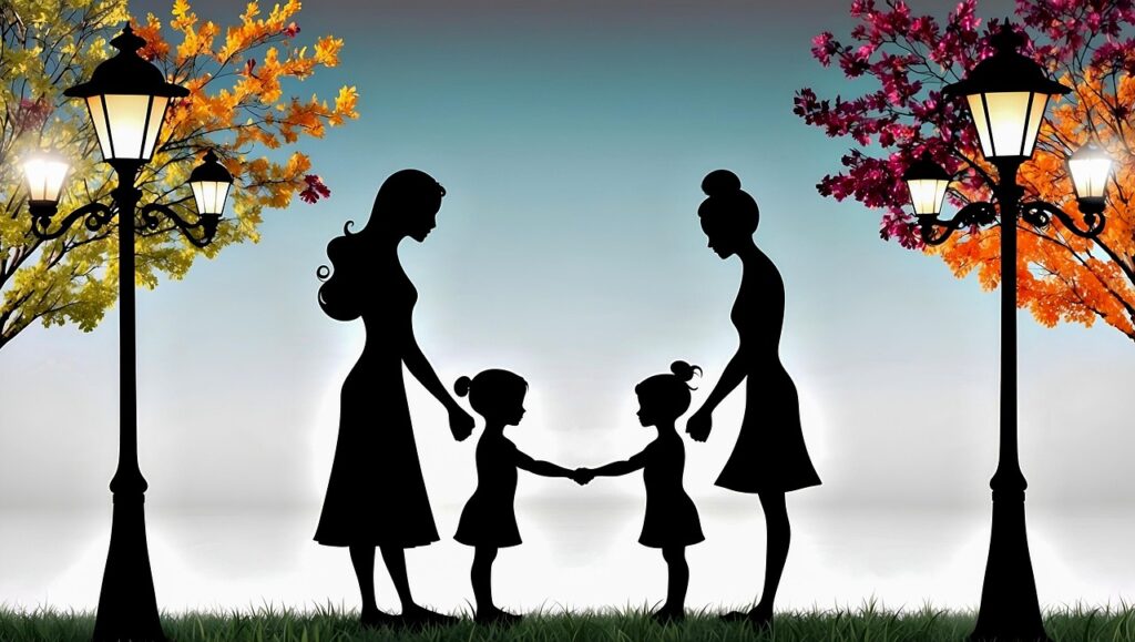 ai generated, children, friendship, greet, handshake, hands, lanterns, shining, silhouettes, mothers, behavior