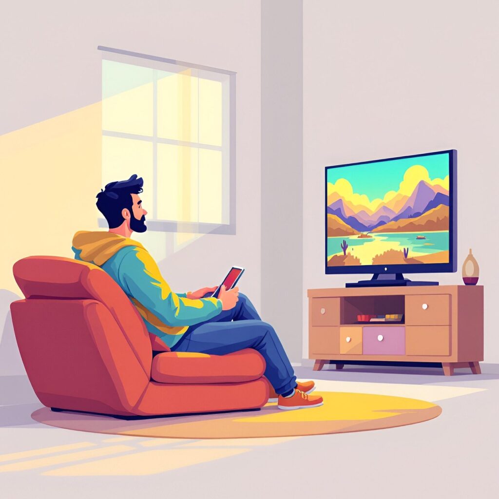 watching tv, entertainment, screen, relaxation, sofa, remote control, program, movie, series, couch, leisure, television, channel, living room, show, streaming, ai generated, broadcast, news