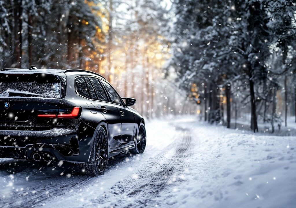 ai generated, car, bmw, automobile, vehicle, snow, winter, nature, landscape, cold, mountains, trees, snowy