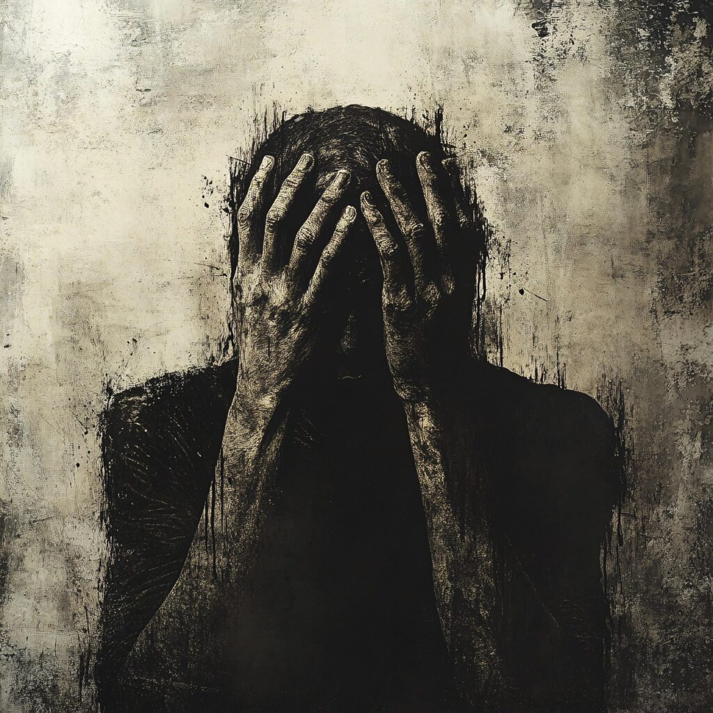 ai generated, fear, despair, black and white, emotion, dramatic, anxiety, haunting, darkness, art, concept, expression, mental health, distress, surreal, moody, artistic, intense, sorrow, gothic, psychological, pain, shadowy, deep