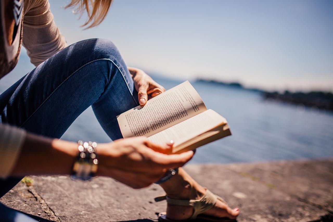 reading, book, girl, nature, woman, sunshine, lake, novel, open book, read, leisure, hobby
