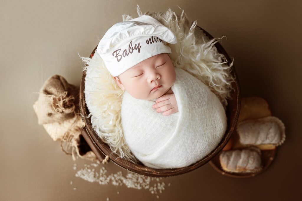 newborn photography, infant, baker, bread, costume, newborn, baby, child, little, sleep, cute, photoshoot, pose, portrait