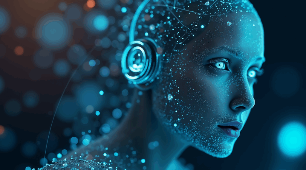 ai generated, cyborg, woman, digital headphones, advanced technology, data points, futurism, glowing effects, technological innovation, artificial intelligence, digital networks, connectivity, science fiction, high technology, cybernetic enhancements, future concepts, digital art, technological gadgets, electronic devices, neon lights, technological advancements, ai integration, digital transformation