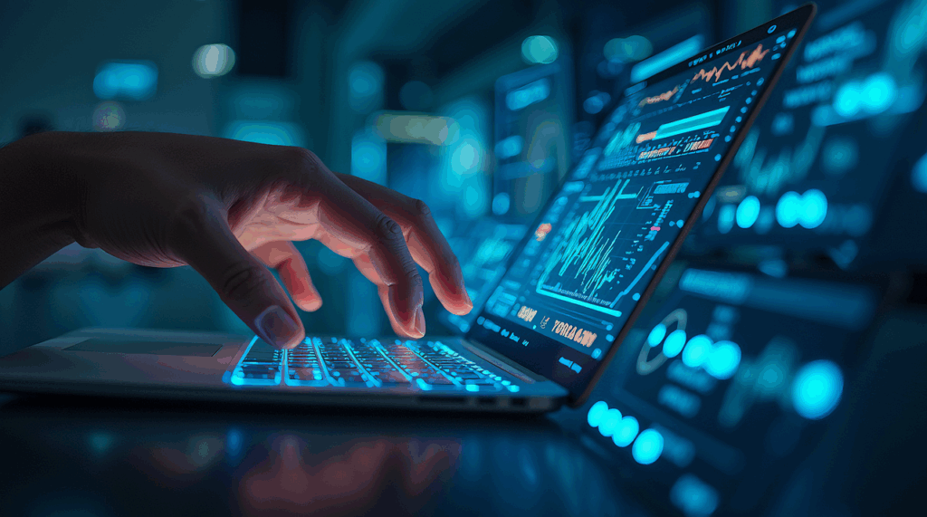 ai generated, human, futuristic laptop, glowing keys, digital interfaces, cyber activities, advanced technology, typing, close-up, technological innovation, cybersecurity, data leakage, high technology, computer screen, electronic devices, digital networks, coding, artificial intelligence integration