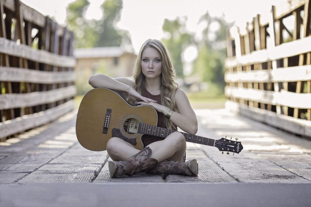woman, guitar, bridge, sitting, acoustic guitar, girl, pose, beautiful, singer, guitarist, musician, summer, music, country, nature, portrait