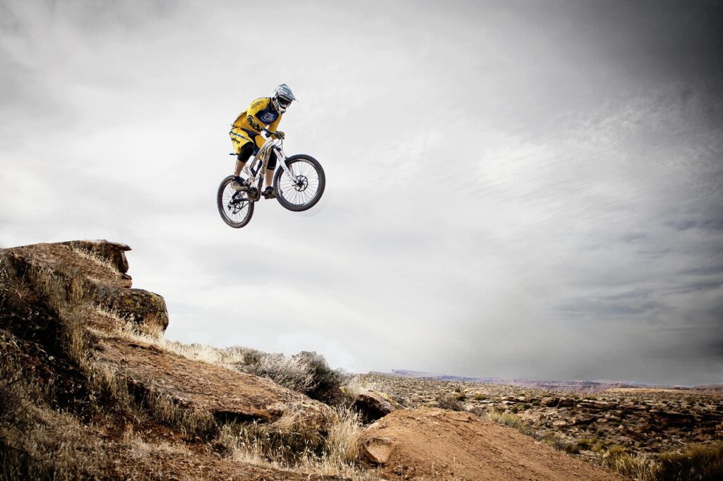 mountain biking, sports, leaping, jumping, freeriding, biking, nature, bike, bicycle, mountain bicycle, leap, jump, desert, utah