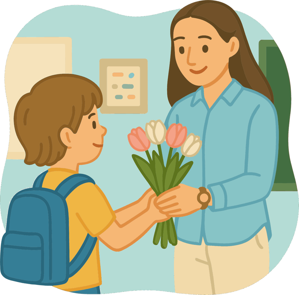 ai generated, teacher appreciation, child with bouquet, school gratitude, student giving flowers, classroom scene, cute teacher gift, thank you teacher, tulip bouquet, happy teacher's day, school celebration, teacher love, flat cartoon people, parent and teacher relationship