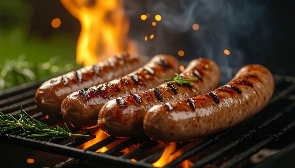 ai generated, sausages, barbecue, grilled, grilling, flames, bbq, rosemary, outdoor, cooking, delicious, food, grill, marks, summer, garnish, tasty, meat, charred, dinner, party, nature, flavorful, spices
