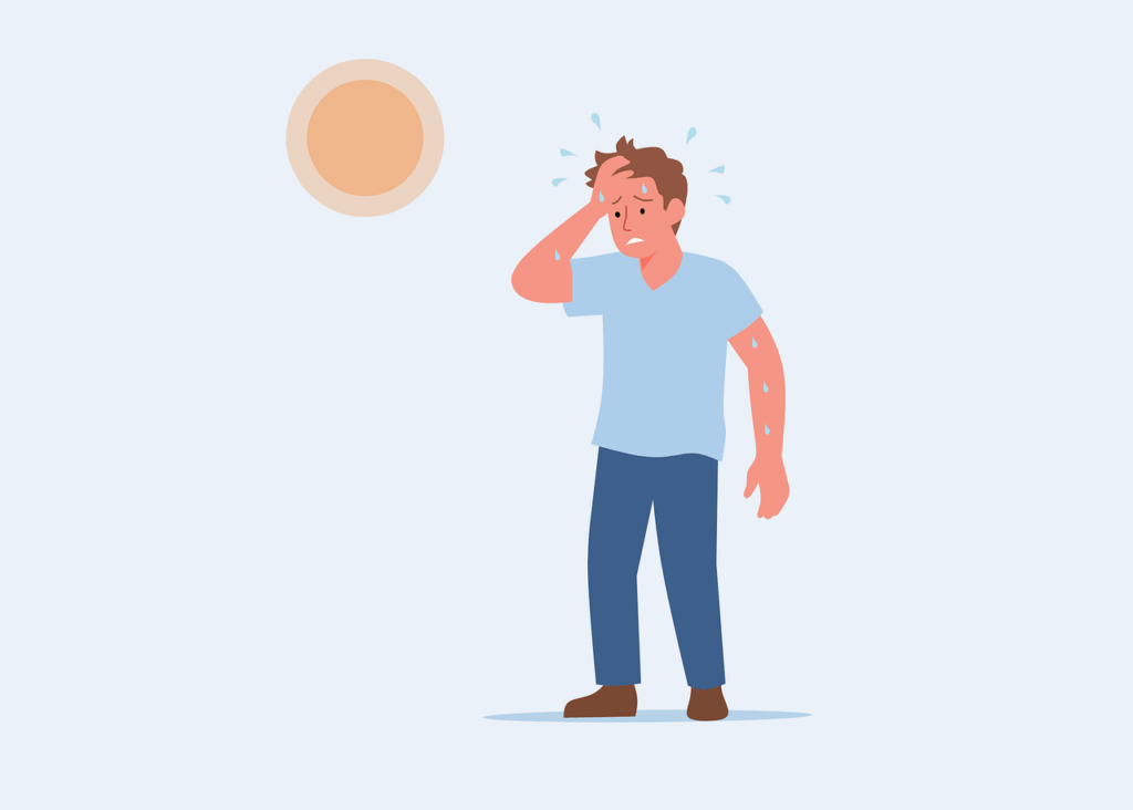 heatstroke, hot weather, man, sweating, sun, exhaustion, health, summer, outdoors, dizzy, fatigue, dehydration, heat, tired, medical, emergency, nature, climate, danger, warm, discomfort