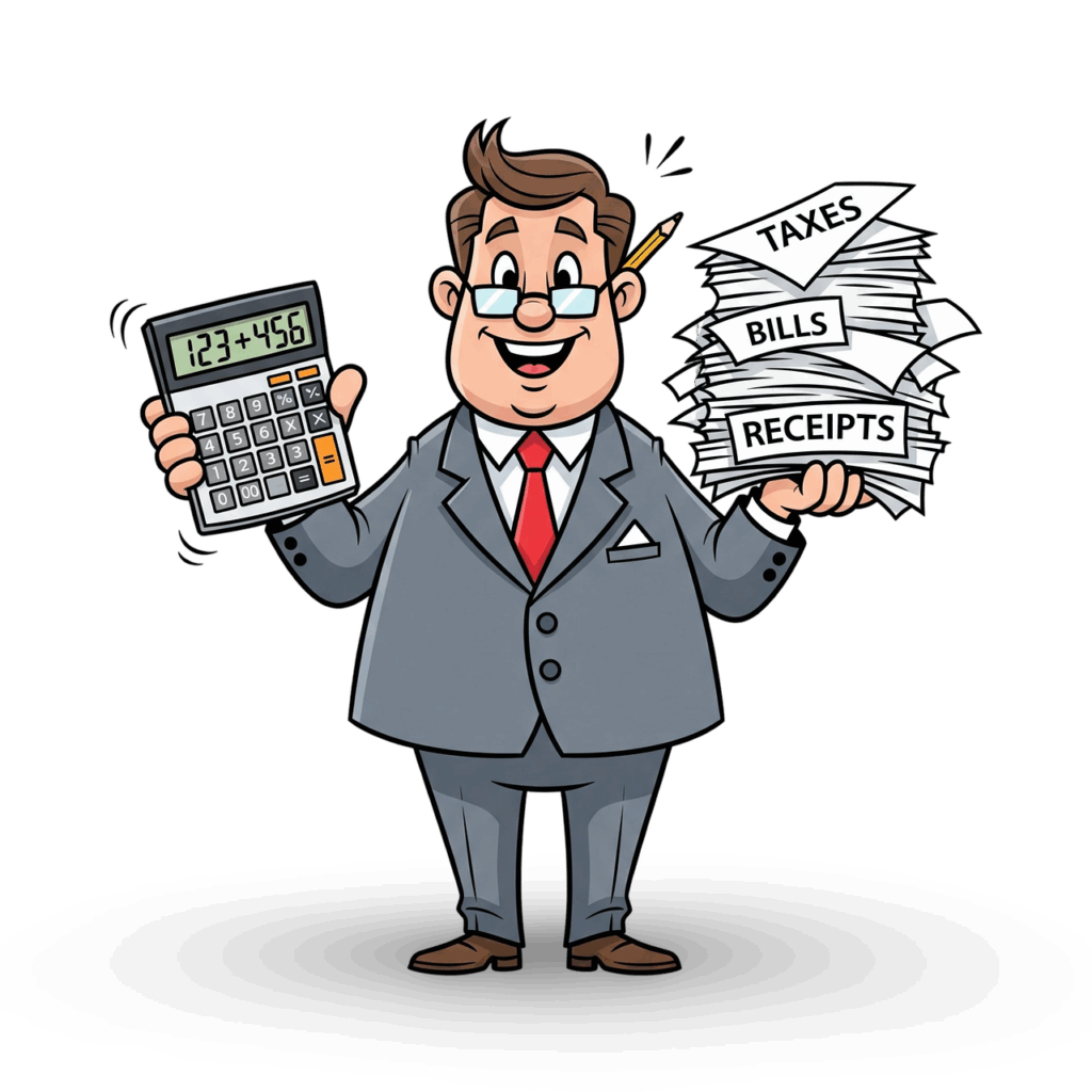 accountant, taxes, bills, receipts, calculator, financial planning, finance, budgeting, expenses, auditing, cartoon, happy, smiling, professional, investment, savings, debt, income, cutout, ai generated