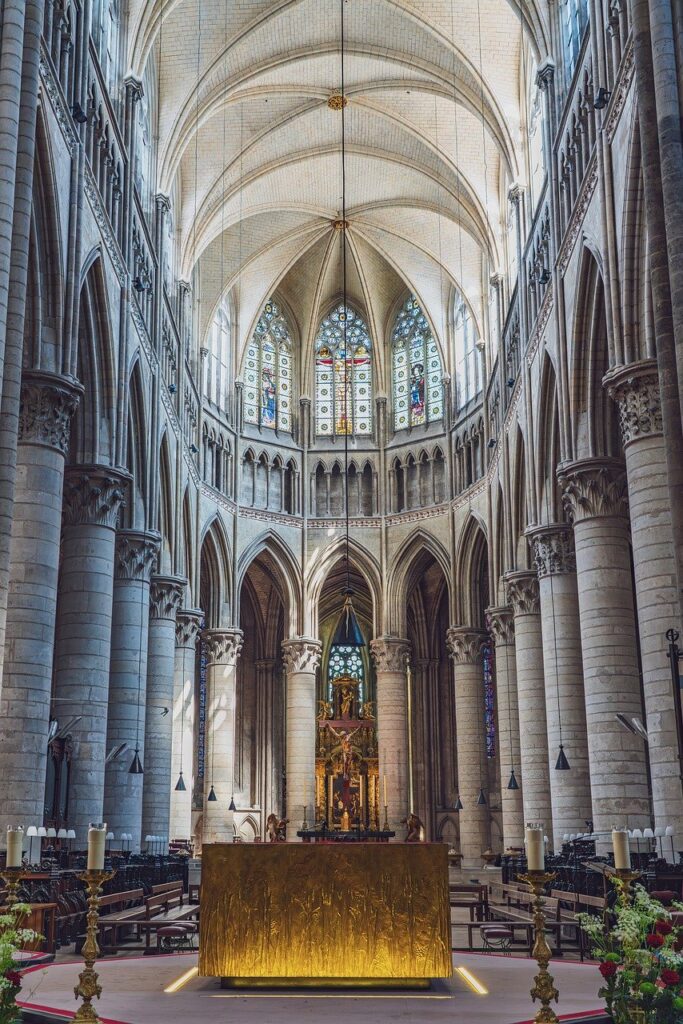 rouen cathedral, cathedral, church, nave, altar, religion, chapel, columns, window, stained glass window, church interior, church window, rouen, normandy, france
