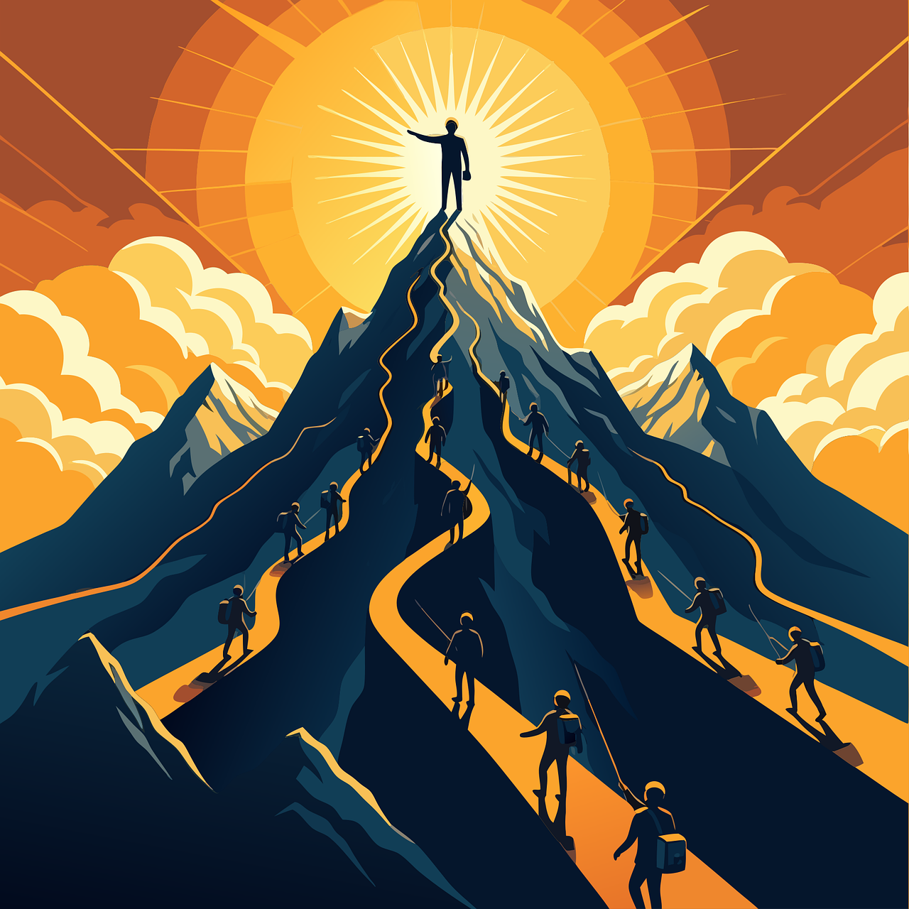 leader, victory, nature, reference point, guru, mountain, people, light, clouds, ai generated