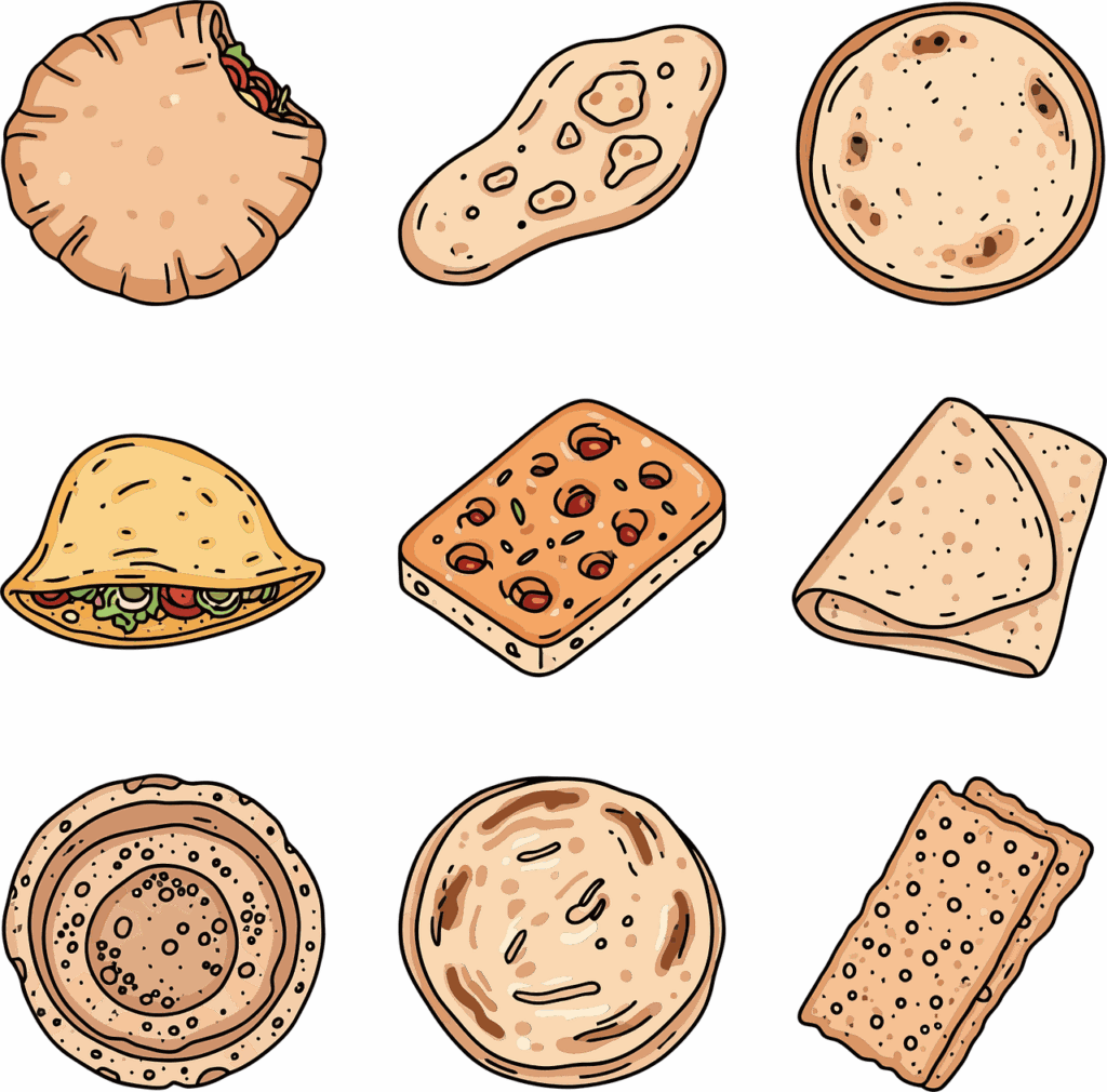 flatbread, bread, naan, pita, food, baking, indian food, middle eastern, carb, tortilla, roti, chapati, focaccia, cracker, lavash, dough, cartoon, drawing, graphic, set, collection, delicious, meal, ingredient, ai generated