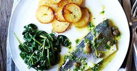 Baked sea bass with lemon caper dressing