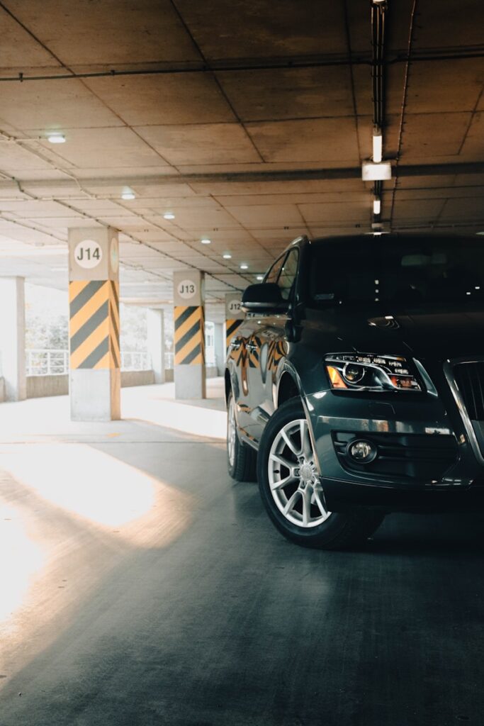 a car parked in a garage