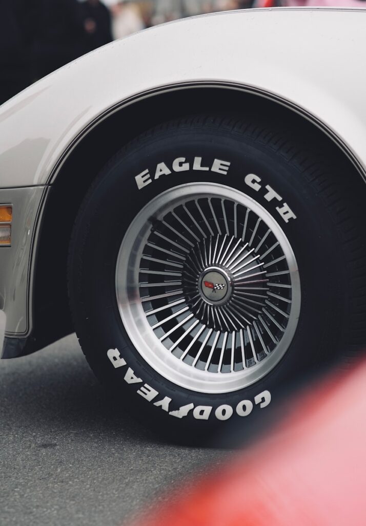 A close up of a car with a tire