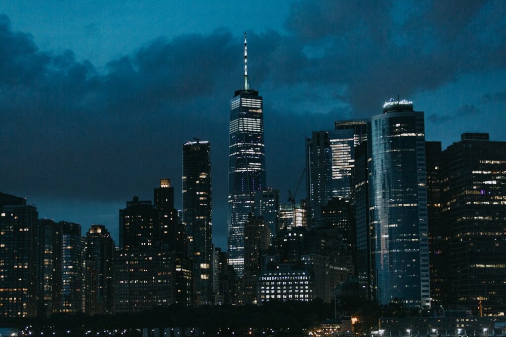 city skyline during night time