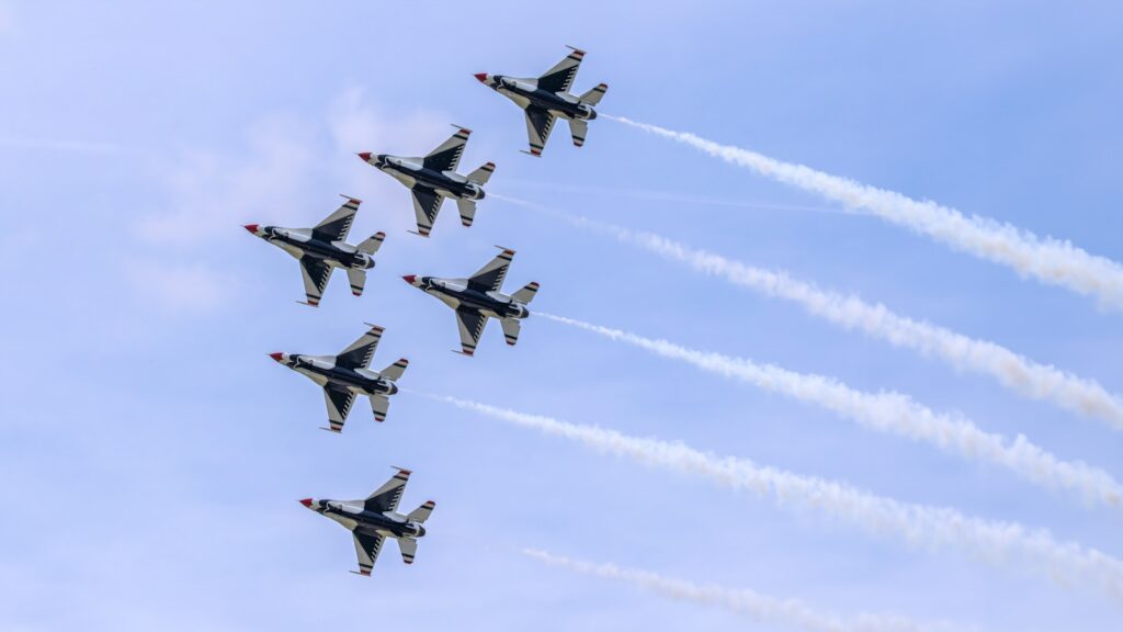 Six fighter jets fly in formation.