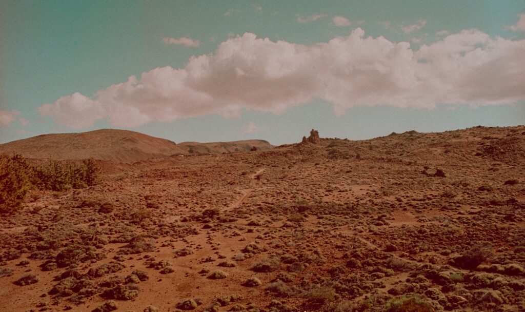 a dirt field with a mountain in the background