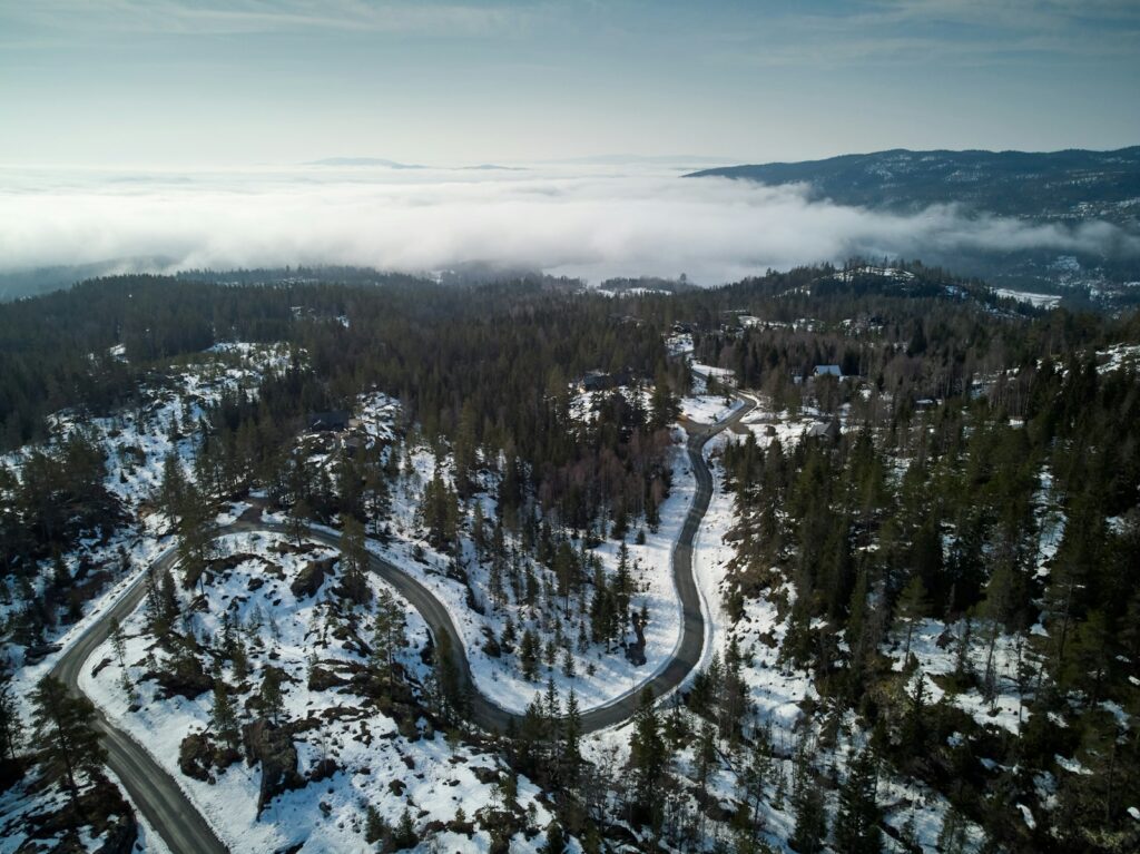 Winding road through snowy forest with distant fog.
