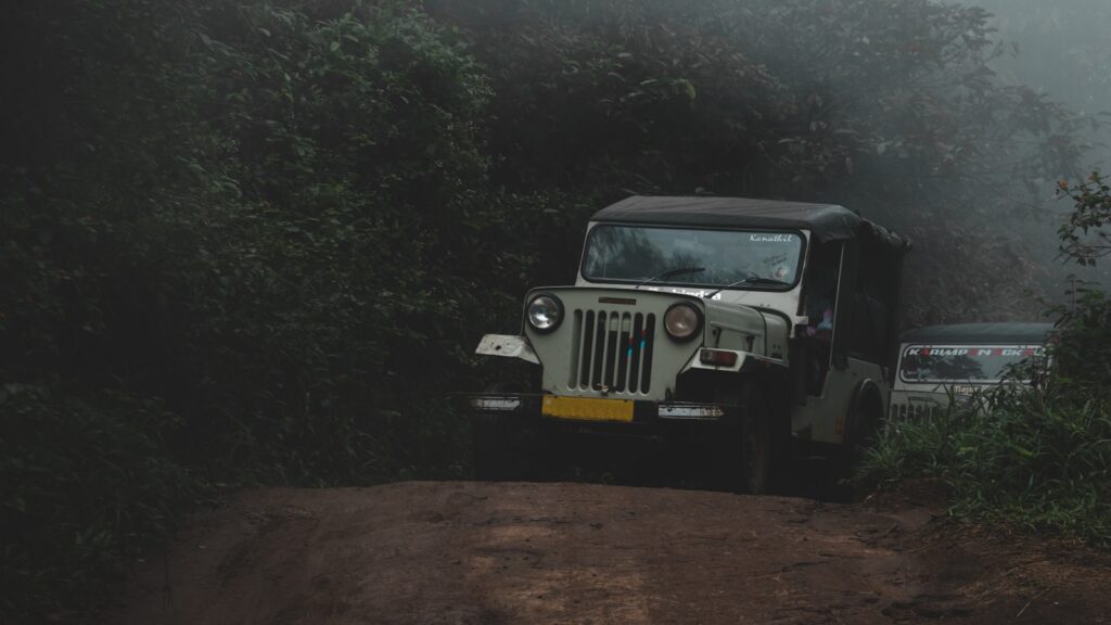 a jeep driving down a dirt road next to a forest