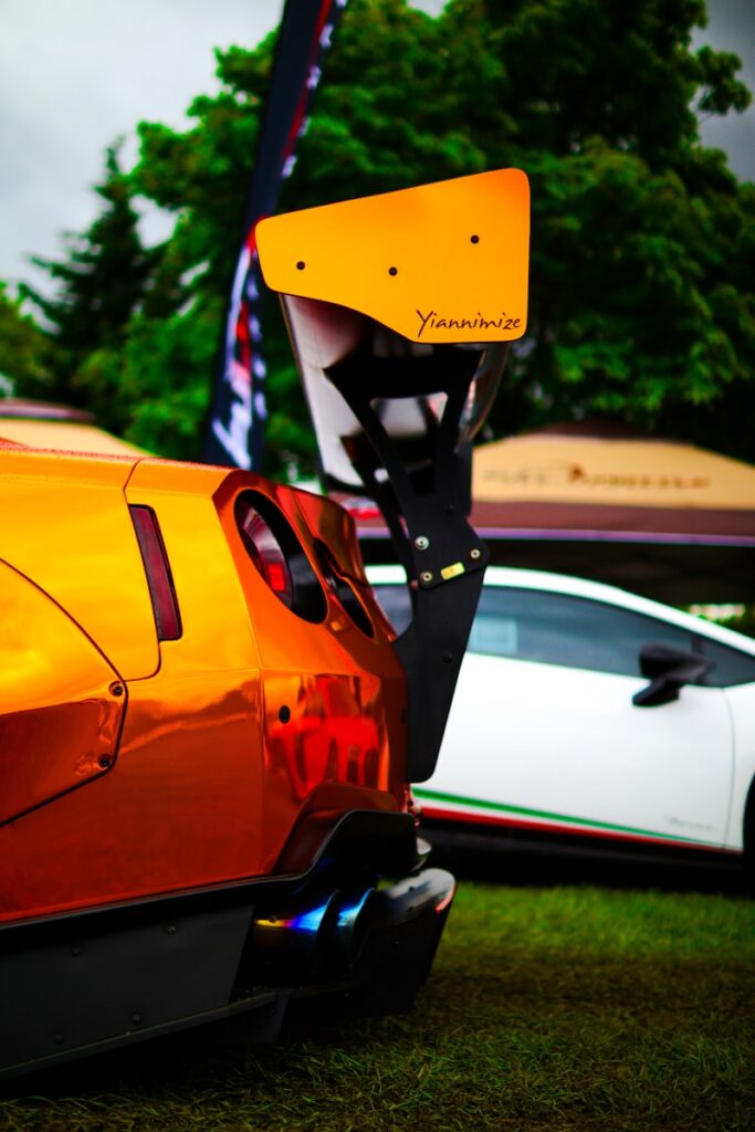 A close up of a sports car on a grass field